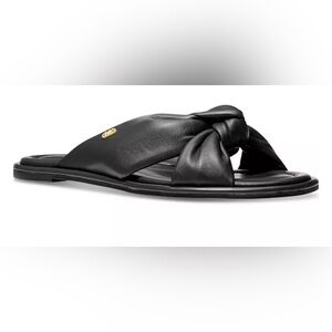 MICHAEL Michael Kors Black Knotted Leather Slide Sandals with Gold Logo